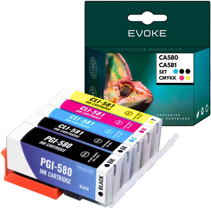 Комплект от 5 касети с мастило за принтер Canon PGI 580 + CL 581 XL, 28 ml и 500 страници черни, 12 ml и 850 страници всеки цвят, PGI580 CL581, съвместими с TS6250 TS6251 TS6350 TS6351 TS8100 S705 TS7