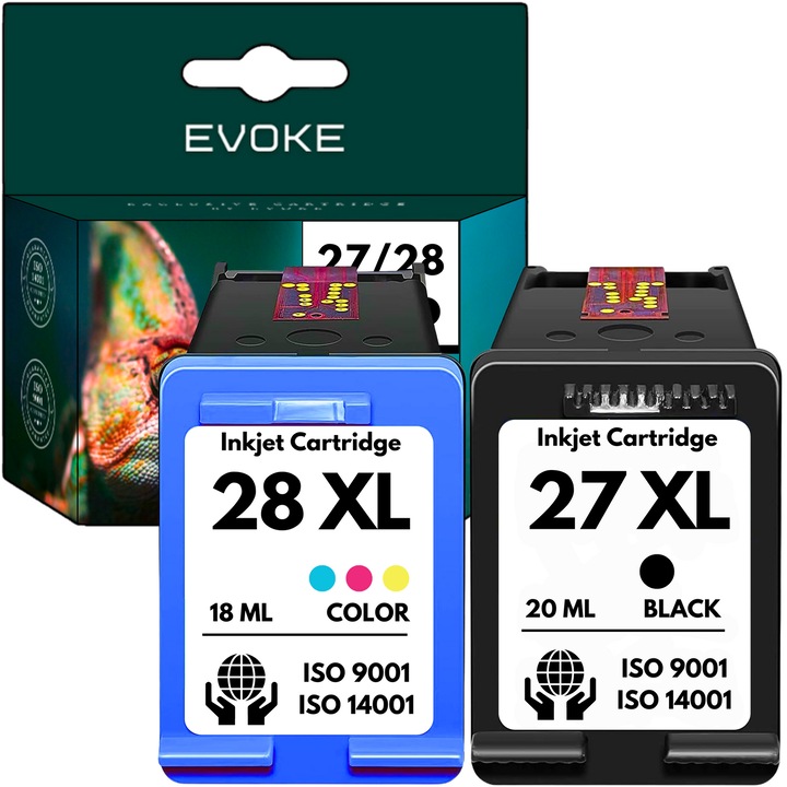 Set 2 cartuse cerneala imprimanta pentru HP 27 + 28 XL, 20 ml si 440 pagini negru, 18 ml si 420 pagini culoare, C8727AE + C8728AE, compatibil cu deskjet 3320 3420 3520 3650 3745