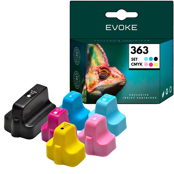 Set 6 cartuse cerneala imprimanta pentru HP 363 XL, 20 ml si 1000 pagini negru, 18 ml si 1570 pagini fiecare culoare, compatibil cu Photosmart 3210 3213 3214 3310