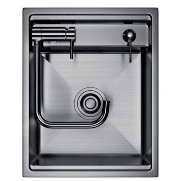 Set Chiuveta Bucatarie O Cuva, Sunbest, 40x50 cm, Otel Inoxidabil SUS 304, Finisaj Mat, Grafit, Capac Inclus, Baterie, Sifon, Dozator, Kit Montaj, Adancime 230mm, Rezistent Temperatura Inalta, Design Compact, Modern