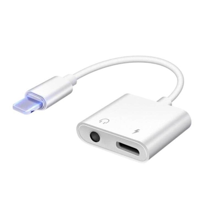 Аудио адаптер 2 в 1, съвместим с iPhone, Lightning, бял, 0,01м