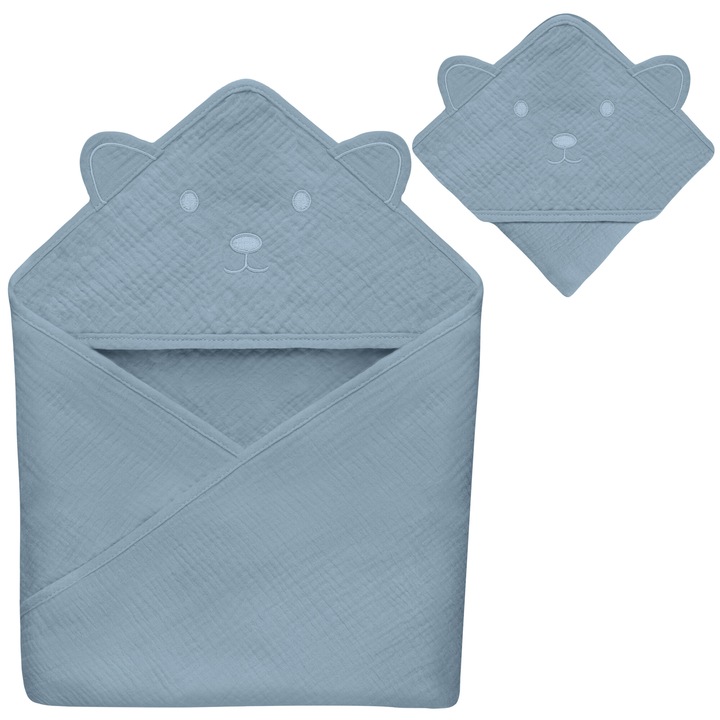Prosop Lionelo Muslin Hooded - prosop moale cu gluga, 100% bumbac muselina, absorbtie excelenta, sigur pentru pielea copiilor, fara iritatii, gluga cu animal brodat, marime universala, ideal ca halat de baie, material respirabil si usor - Cer Gri