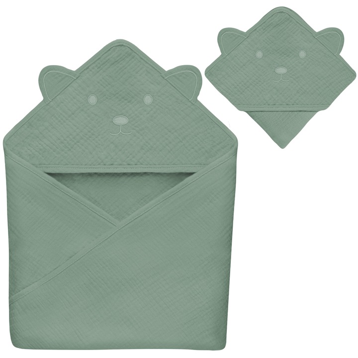 Prosop Lionelo Muslin Hooded - prosop moale cu gluga, 100% bumbac muselina, absorbtie excelenta, sigur pentru pielea copiilor, fara iritatii, gluga cu animal brodat, marime universala, ideal ca halat de baie, material respirabil si usor - VERDE