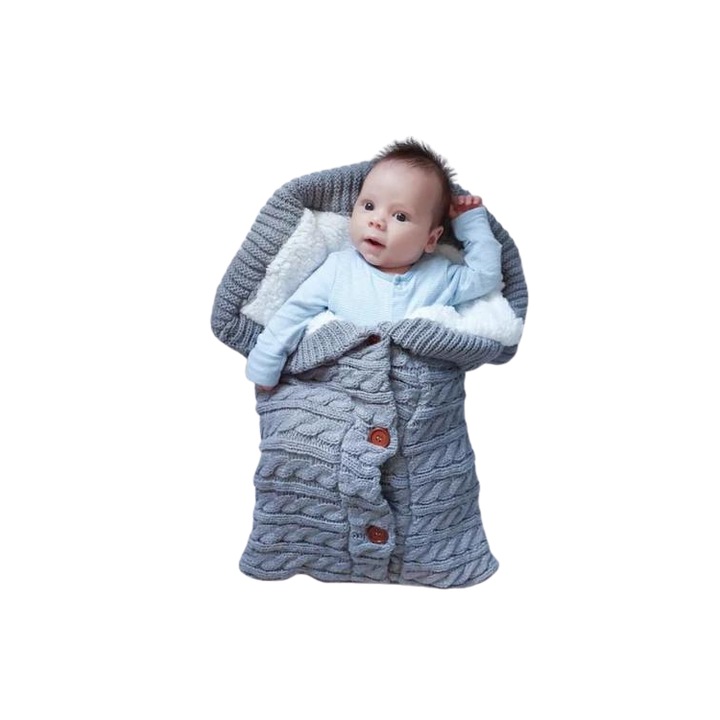 Babakocsi takaró, kötött pamutból és bolyhos cocolino-ból - szürke, kék