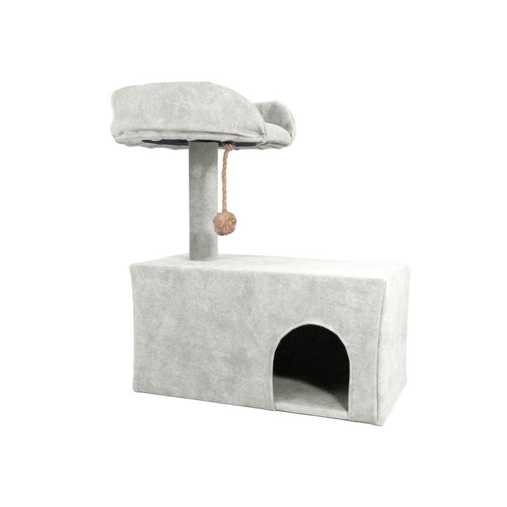 Ansamblu pentru pisici, Alb Cenusiu, 60 cm inaltime, Lucrat Manual, Culcus cu burete