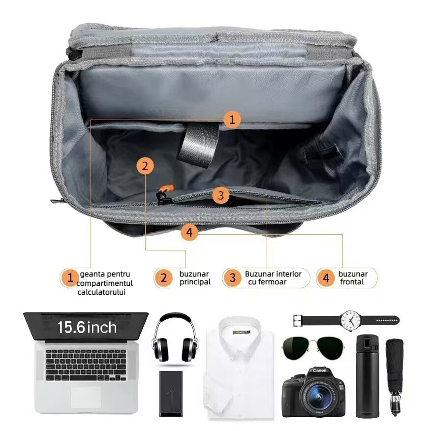 Rucsac smart pentru barbati, cu compartiment pentru laptop 15.6 inch, cu Port de incarcare USB, material rezistent la apa, 43x31x16 cm, gri deschis