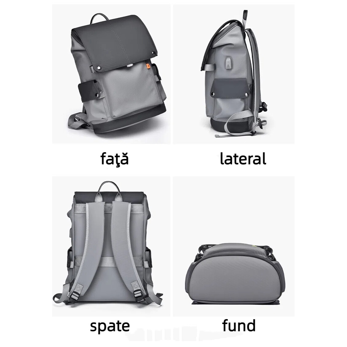 Rucsac smart pentru barbati, cu compartiment pentru laptop 15.6 inch, cu Port de incarcare USB, material rezistent la apa, 43x31x16 cm, gri deschis