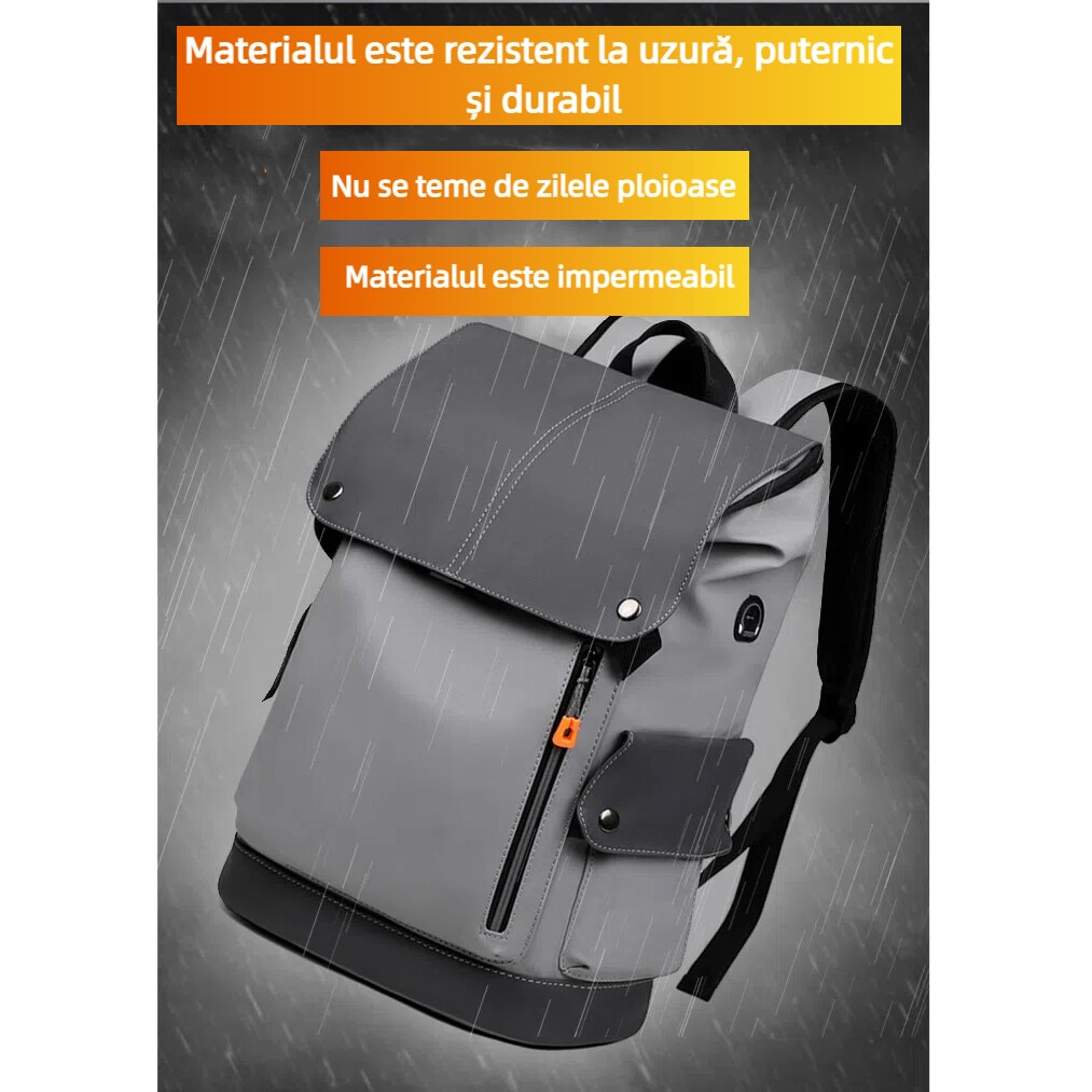 Rucsac smart pentru barbati, cu compartiment pentru laptop 15.6 inch, cu Port de incarcare USB, material rezistent la apa, 43x31x16 cm, gri deschis