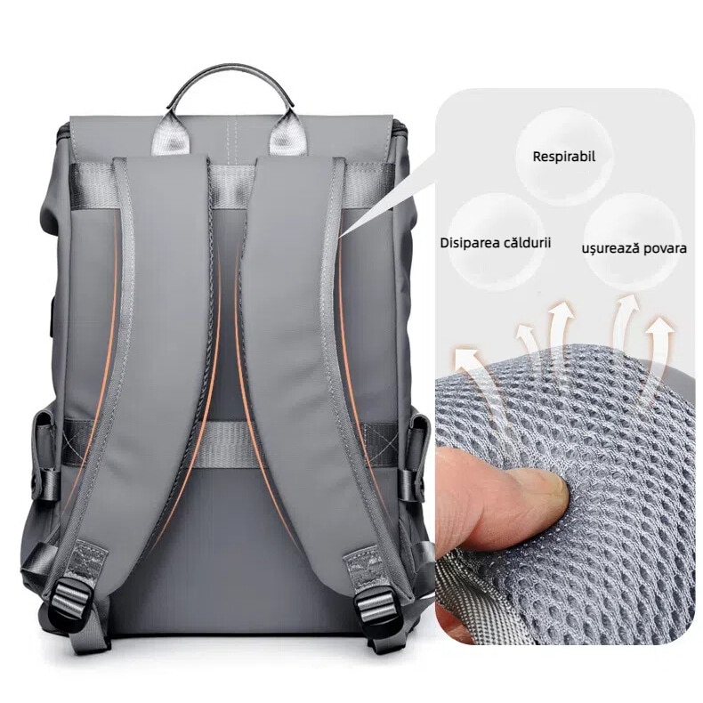 Rucsac smart pentru barbati, cu compartiment pentru laptop 15.6 inch, cu Port de incarcare USB, material rezistent la apa, 43x31x16 cm, gri deschis