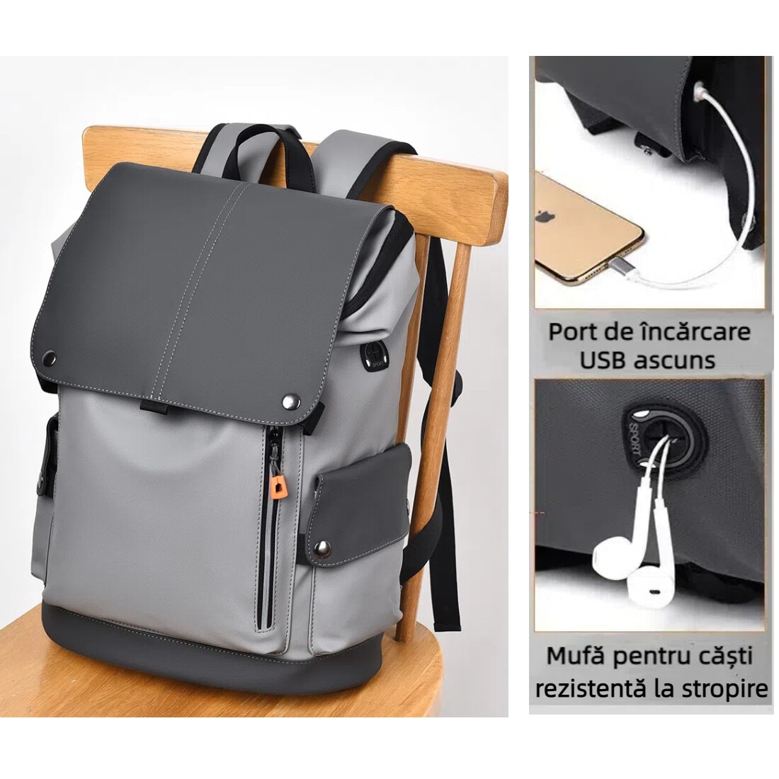 Rucsac smart pentru barbati, cu compartiment pentru laptop 15.6 inch, cu Port de incarcare USB, material rezistent la apa, 43x31x16 cm, gri deschis