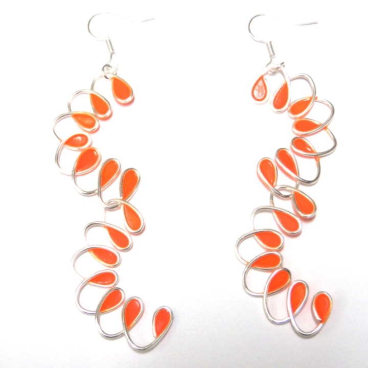 Cercei dama handmade Double ColorBlock Flowers, aliaj metalic, portocaliu