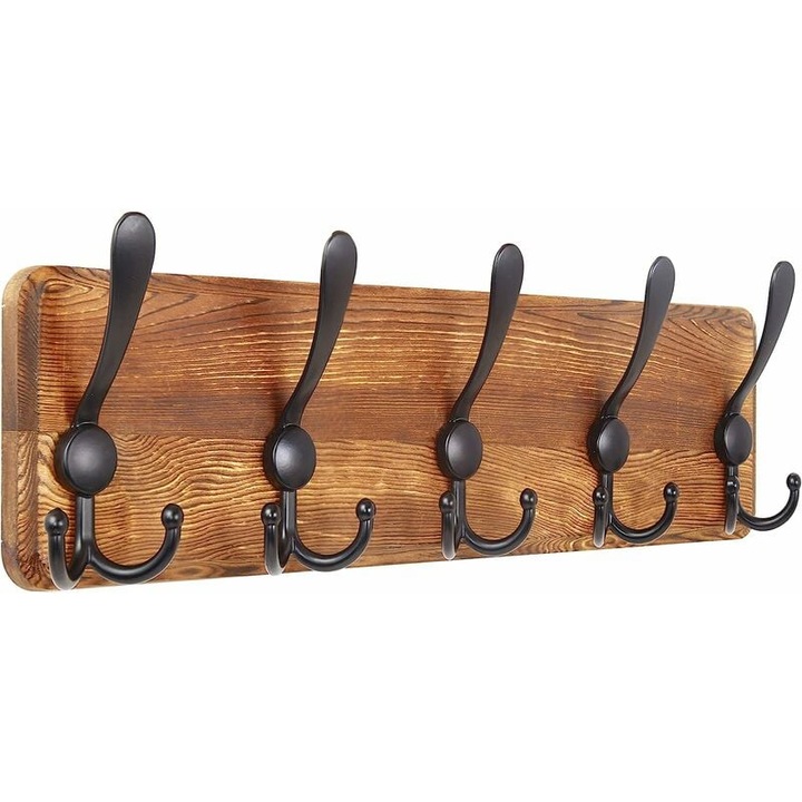 Suport de umerase din lemn, Enforose, stil ferma, 3 carlige, montare pe perete, pentru organizare, decorativ