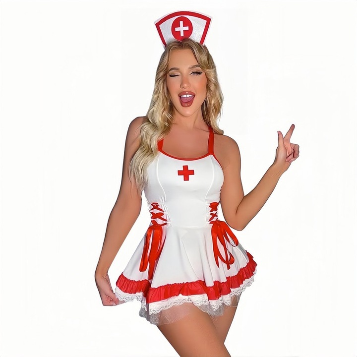 Costum sexy asistenta medicala, poliester, alb cu rosu, L-XL INTL