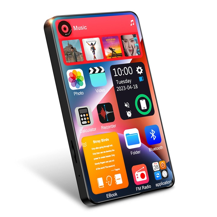 MP3 lejátszó, hordozható, 4 hüvelykes teljes képernyős, Bluetooth-kapcsolattal, érintőképernyővel, FM rádióval, hifi hangminőséggel, 1080p videó lejátszás támogatásával, írható, 16 GB memóriával, fekete