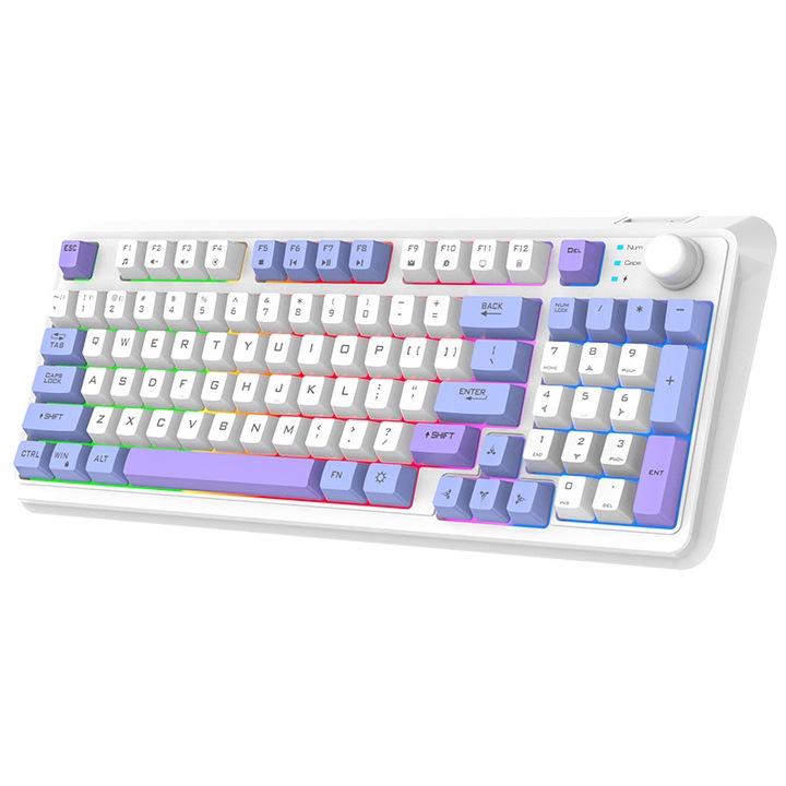 Kit tastatura si mouse, conectivitate 2.4G/Bluetooth, rezistent la apa, iluminare de fundal in sapte culori, baterie cu durata lunga de viata, buton de volum individual