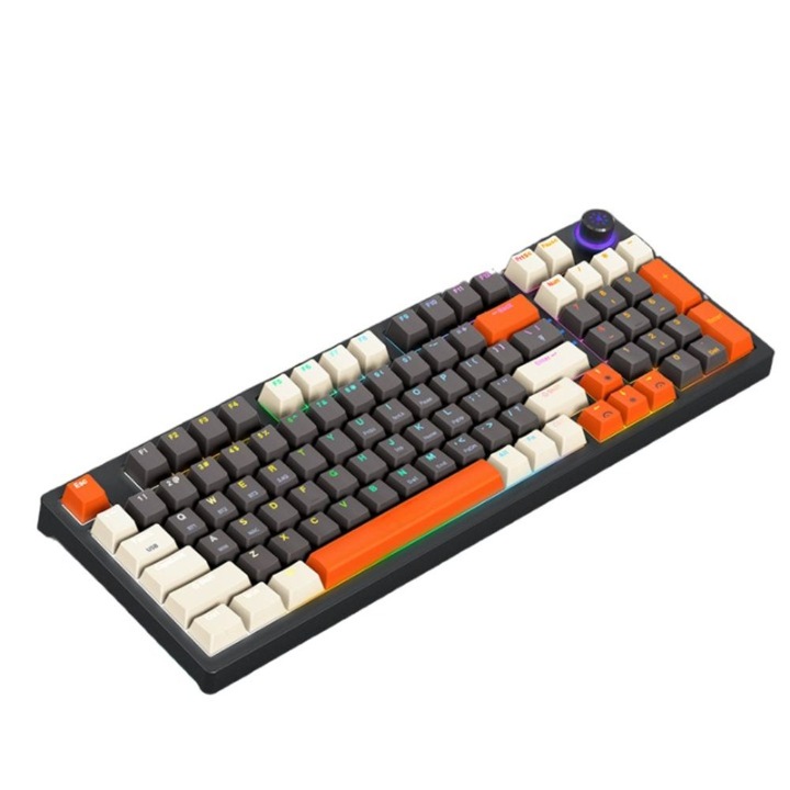 Механична клавиатура, COSDIMI, Универсална, 96 клавиша, Мултимедиен бутон, 3 метода на свързване, Bluetooth 5.1, Безжична 2.4 Ghz, Кабелна USB-C, RGB светлина, Капацитет на батерията 1800 mAh