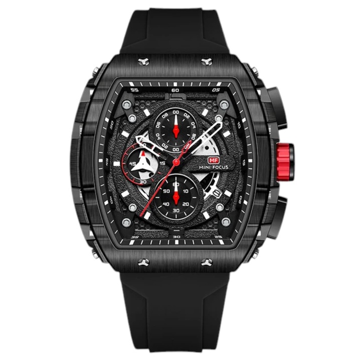 Ceas barbatesc MINI FOCUS, cuart japonez, cronograf, calendar, ace luminescente, negru