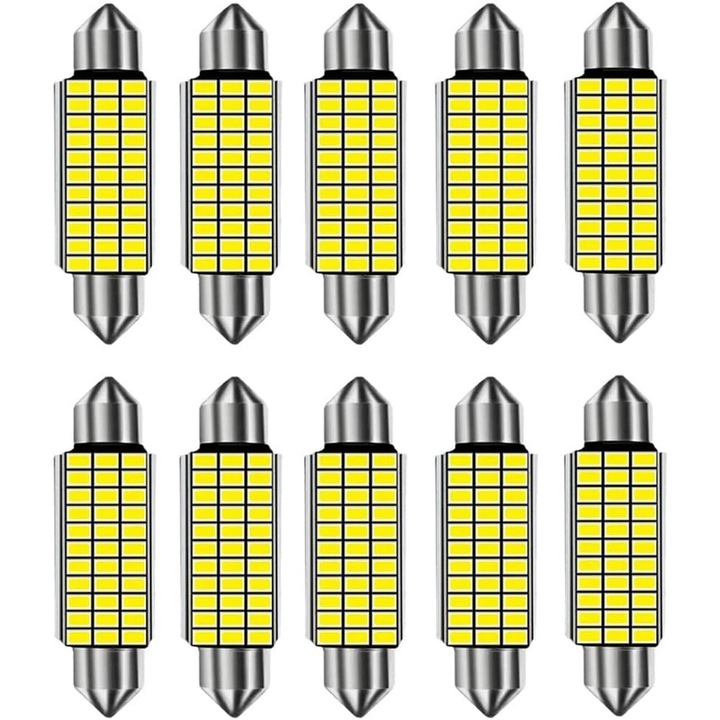 Set 10 becuri LED auto, JENUOS®, Lumina alb 6000K, putere 3W, 500Lumeni, 12V, pentru plafoniera, portbagaj, Lampi numar Lumina alb, aluminiu, 2.79g, Argintiu