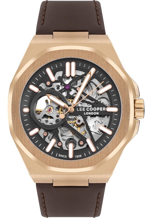 Ceas Lee Cooper Automat Barbatesc Transparent cu Cadran Transparent, Carcasa Metalica Maro, Curea Piele Naturala Maro