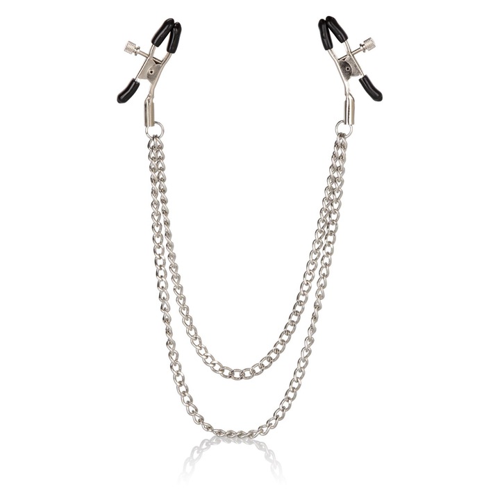 CalExotics BDSM комплект, регулируеми верижни щипки за зърна, черен