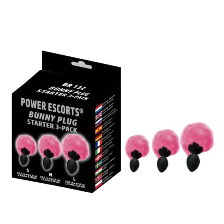 3 db Power Escorts anális dugó szett, rózsaszín nyúlfarok, szilikon, több méret, 9,3x4,1 cm/8x3,5 cm/7,2x3,2 cm