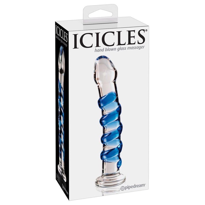 Dildo din sticla transparenta cu picior, Icicles No. 5, 18,4 cm, linie albastra, rezistent la rupere