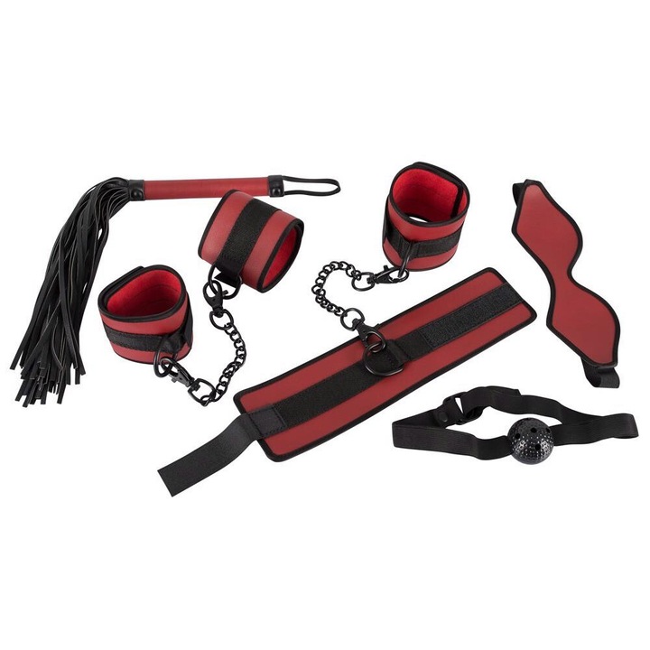 Set BDSM Bad Kitty, 5 piese, masca opaca, minge de gura, flogger, catuse, rosu, negru, metal, silicon
