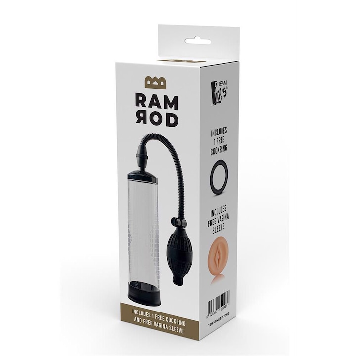 Pompa sexuala Dream Toys RAMROD, manuala, transparenta, cu manson si inel, 20x5,9cm