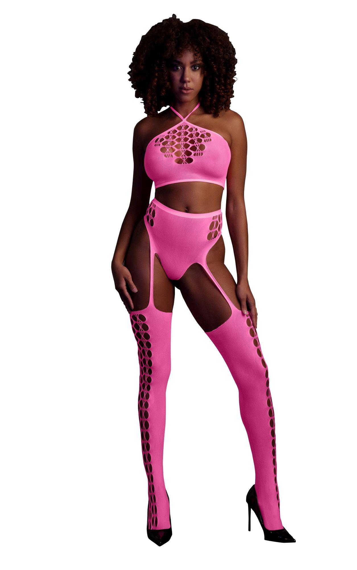 ♡HOOPEY♡  Lenjerie sexy set cu top scurt si ciorapi, Ouch!, roz neon, XS/XL