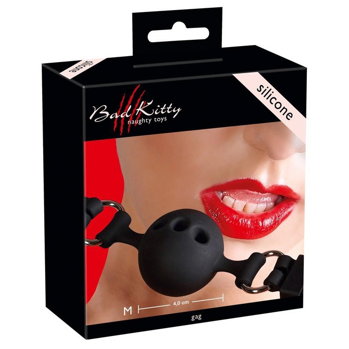 Каишка с топка за уста BDSM Bad Kitty, Силикон, С дупки, Черен, Диаметър 4 см