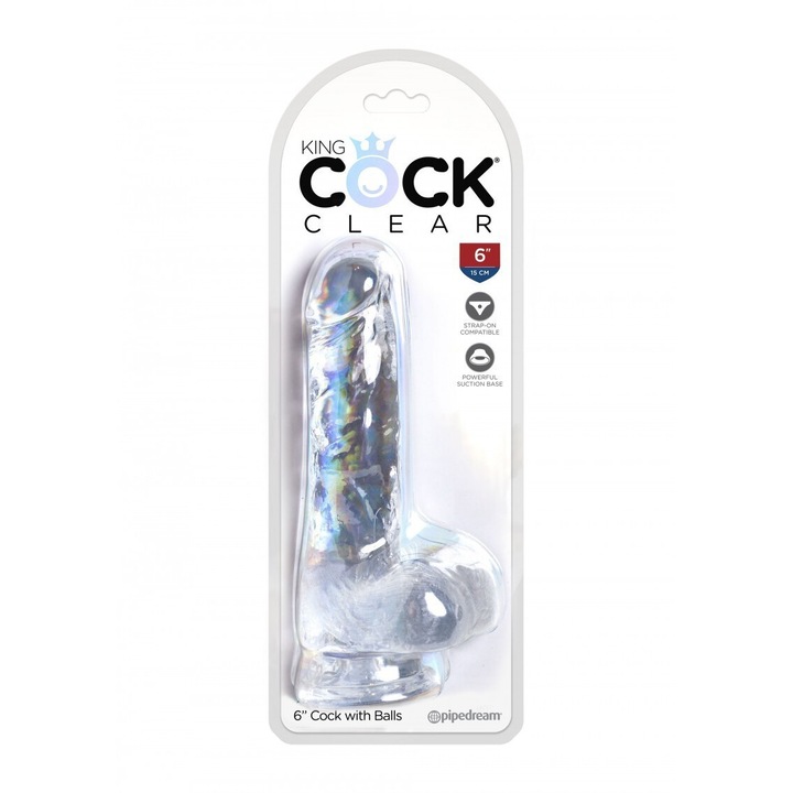 Dildo King Cock Clear 15 cm, transparent, anatomic, cu prindere prin ventuza, TPE