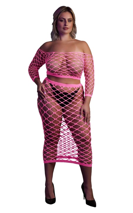 Szexi fehérnemű Ouch hosszú ujjú crop top és hosszú neonrózsaszín szoknya, XL-4XL
