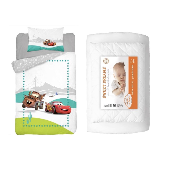Set lenjerie de pat si pilota pentru copii, Detexpol, Cars, antialergic, 100x135cm, alb