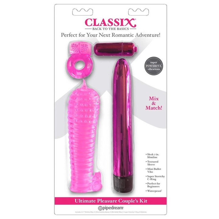 Комплект еротични играчки Classix, Вибратор 17.8 см, Ръкав за пенис 14 см, Пръстен за пенис 4х7 см, Розов