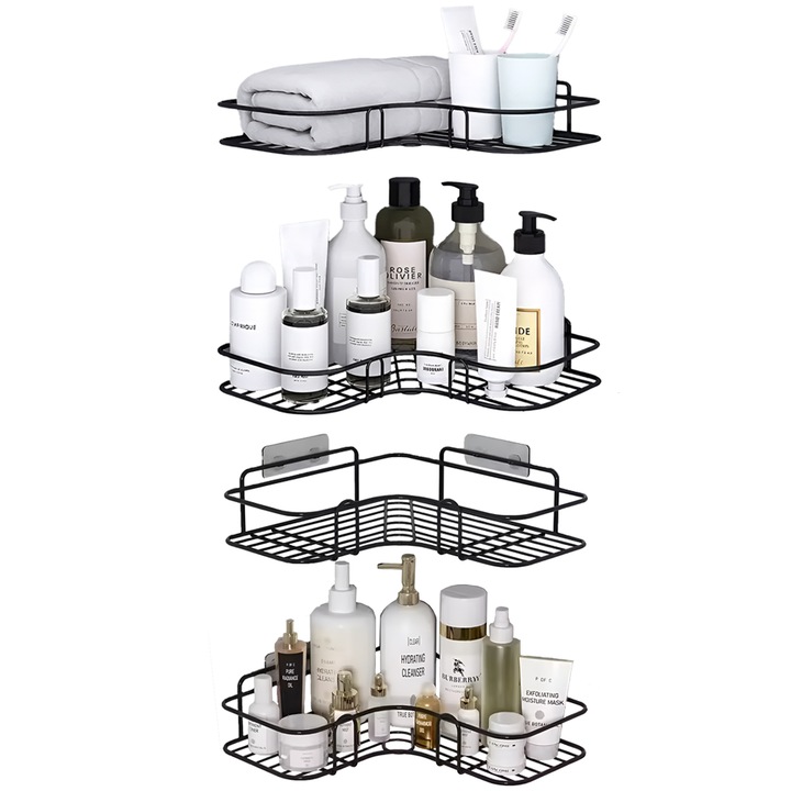 Комплект ъглови рафта, Quasar & Co., Висящи, Залепващо закрепване, Метал, 26x26x5,5 см cm, Черен, 4 бр