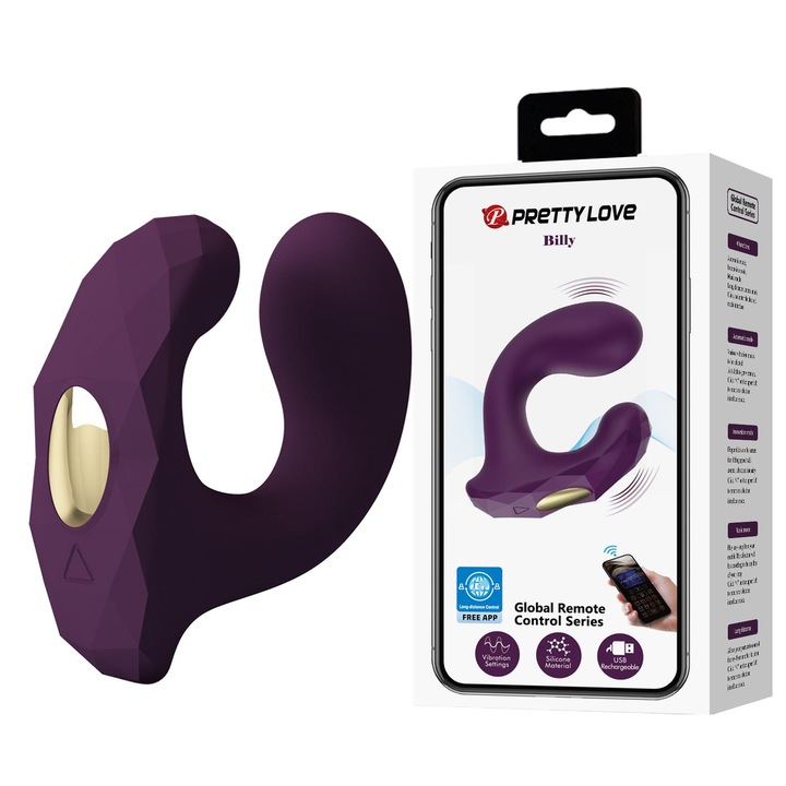 Vibrator pentru cupluri, Pretty Love, model C, 12 functii de vibratie, violet, silicon