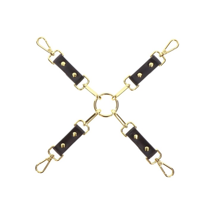 Set Hogtie Pentru Imobilizare BDSM, Taboom, Constructie Din Material PVC Rezistent Cu Detalii Metalice Aurii, Sistem Cu Inele Si Carabiniere Pentru Fixare Rapida, Design Elegant In Culoare Neagra, Ideal Pentru Jocuri De Supunere