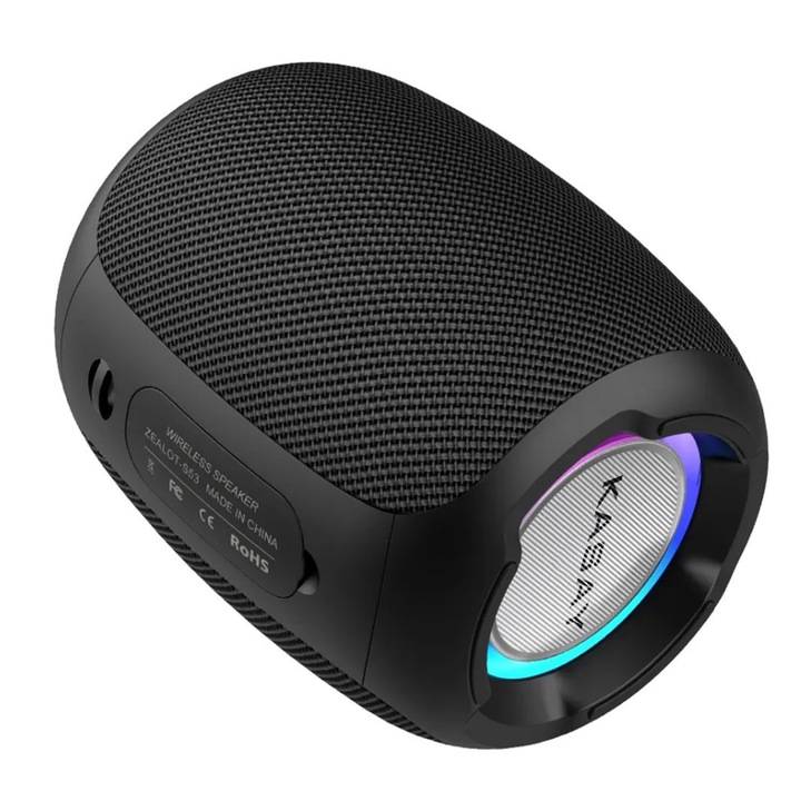 Boxa portabila KASAY, difuzor bluetooth portabil, acumulator 4400 mAh, 24 ore de functionare, IPX7 rezistent la apa, Lumina led RGB, HiFi sunet efect, card TF, greutate 300 gr, culoare negru