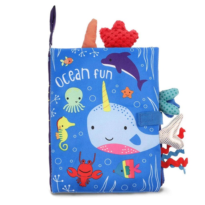 Jucarie Interactiva Montessori pentru Copii - Carte Senzoriala Fosnitoare pentru Bebelusi - Contine Elemente Multicolore Textile 3D - Ideala pentru Activitati Educative - Ocean