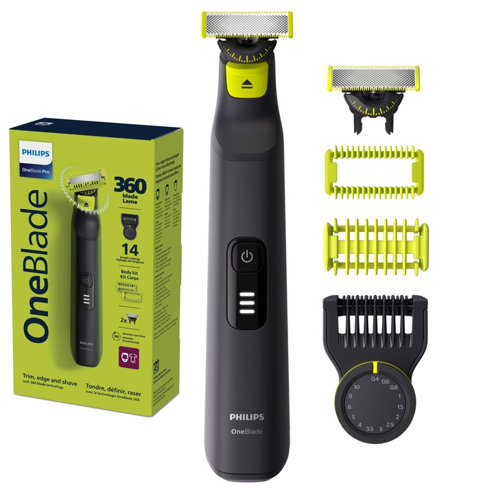 Хибридна самобръсначка Philips OneBlade Pro QP6542/15, 2 360 ножчета, Гребен с 20 настройки за дължина (0,4-10 мм), 2 аксесоара за тяло, 90 мин. Автономност, USB захранващ кабел-A, Без адаптер за контакта