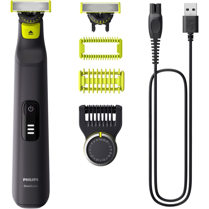 Philips OneBlade Pro QP6542/15 hibrid arc- és testborotva trimmer, 2 360-as penge, fésű 20 hosszbeállítással (0,4-10 mm), 2 testtartozék, 90 perces autonómia, USB tápkábel -A, adapter nélkül a csatlakozóaljzathoz