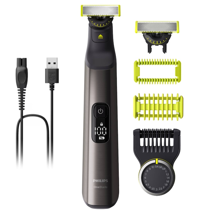 Самобръсначка и тример за лице Philips OneBlade Pro QP6552/30, 2 ножчета 360, Гребен с 20 настройки на дължината (0,4-10 мм), 2 аксесоара за тяло, Автономия 120 мин. (Li-ion), USB-A захранващ кабел, Без щепсел за контакт