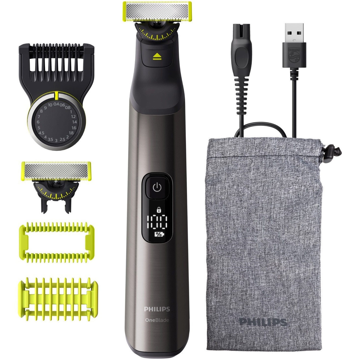 Aparat de ras (0,2mm) si tuns (0,4-10mm) PHILIPS OneBlade Pro QP6552/30, Fata&corp, pieptene cu 20 de setari de lungime (0,4-10 mm), 2 accesorii pentru corp, 2 lame 360, 120 min (L