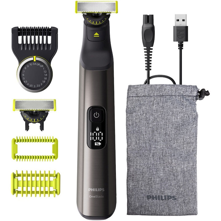 Самобръсначка (0,2 мм) и тример (0,4-10 мм) PHILIPS OneBlade Pro QP6552/30, за лице и тяло, гребен с 20 настройки за дължина (0,4-10 мм), 2 приставки за тяло, 2 ножчета на 360°, 120 мин (литиево-йонна батерия), дигитален дисплей, USB-A захранващ кабел, бе