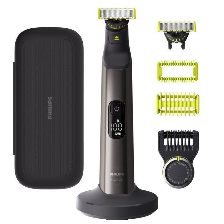 Хибридна самобръсначка Philips OneBlade Pro QP6652/61, 2 ножчета 360, 20 настройки за дължина (0,4-10 мм), 2 аксесоара за тяло, 120 мин. (Li-ion), Твърд калъф, USB-A захранващ кабел, Без адаптер за контакт
