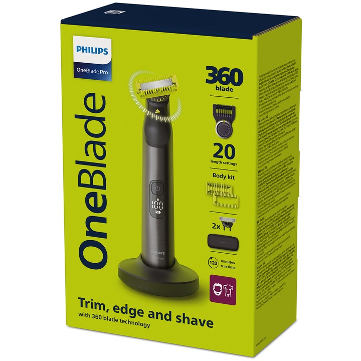 Philips OneBlade Pro QP6652/61 Hibrid borotva és trimmer, 2 360 penge, 20 hosszbeállítás (0,4-10 mm), 2 tartozék a testhez, 120 perc (Li-ion), kemény tok , USB-A tápkábel, csatlakozó adapter nélkül