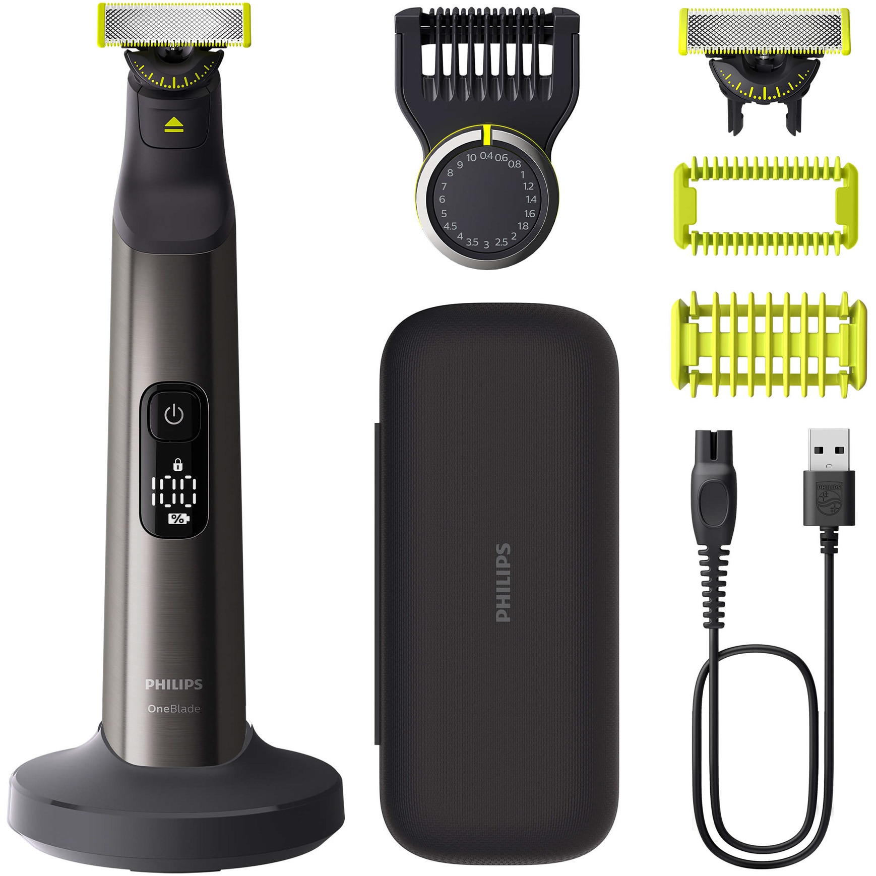 Aparat de ras (0,2mm) si tuns (0,4-10mm) PHILIPS OneBlade Pro QP6652/61, Fata&corp, pieptene cu 20 de setări de lungime (0,4-10 mm), 2 accesorii pentru corp, 2 lame 360, 120 min (L