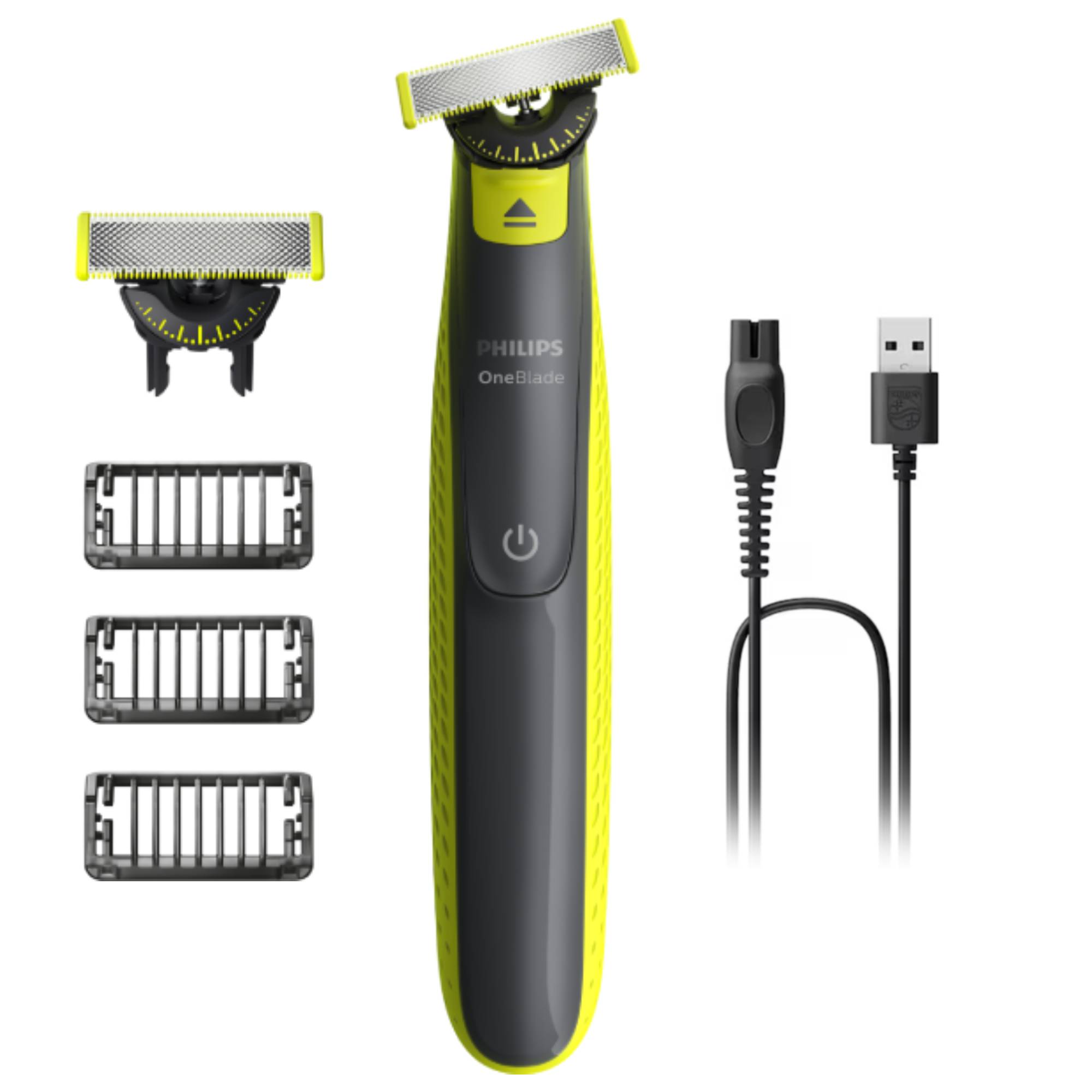 Aparat hibrid de barbierit si tuns, pentru fata, PHILIPS OneBlade QP2724/31, 2 lame 360, cu piepteni (1,3,5 mm), autonomie 45 min (NiMH), saculet pentru transport/depozitare, cablu