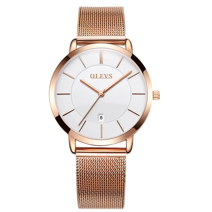 Ceas de dama Delis, Olevs CS1566, otel inoxidabil, rose gold, cadran alb