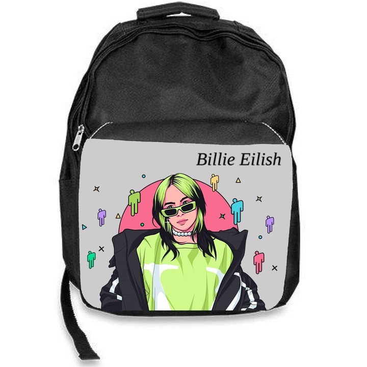 Ghiozdan scoala billie eilish logo, negru, 30x45x17cm